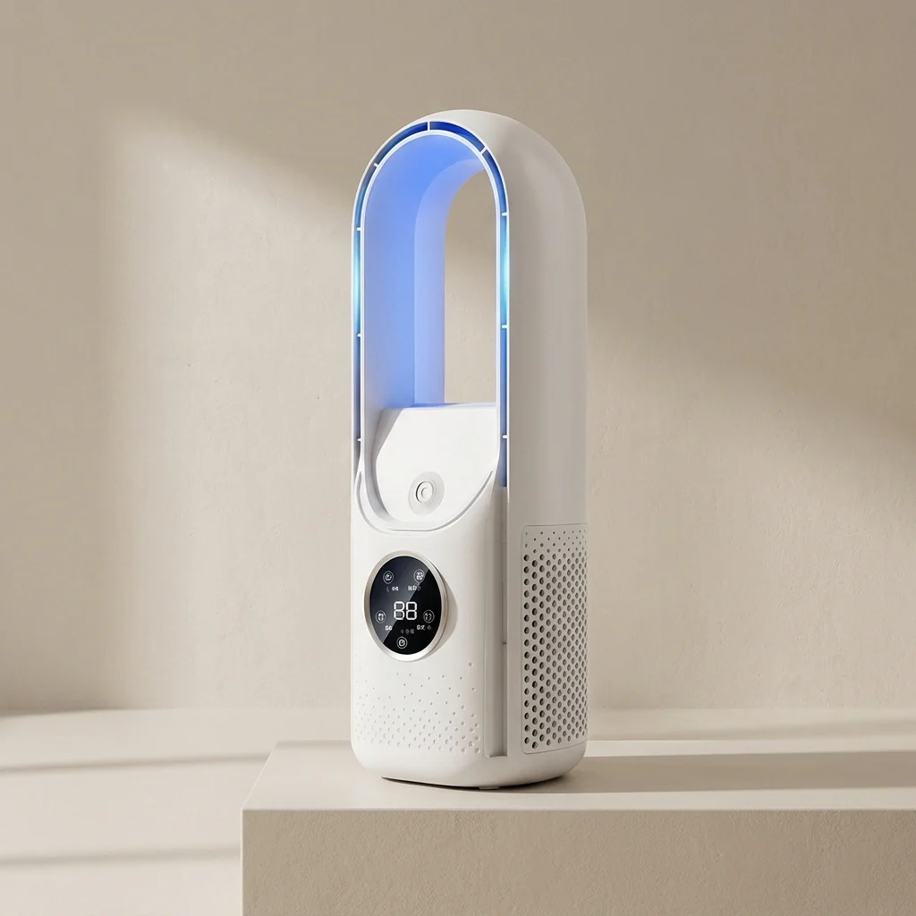 White air purifier with blue light on a beige background