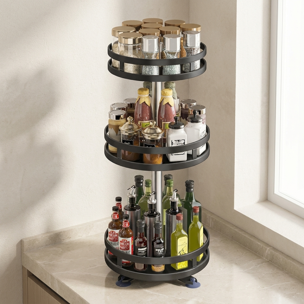 Three-tiered spice rack with various bottles on a kitchen counter.