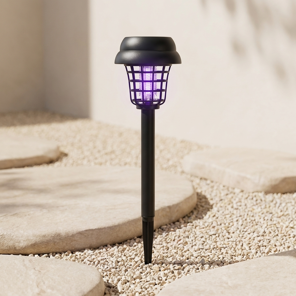 Solar garden light with purple interior on a pebble path