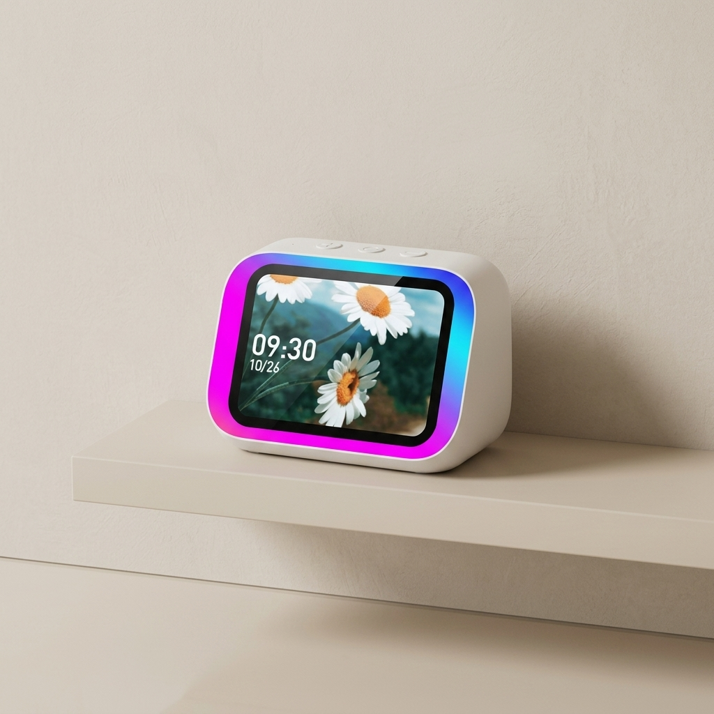 Digital clock with a screen displaying flowers on a white surface