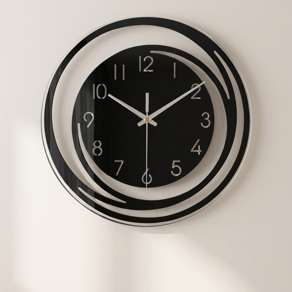 Black wall clock with white hands on a light gray background