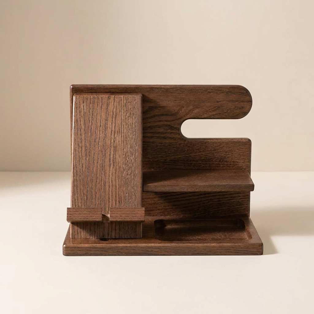 Wooden phone stand on a beige background