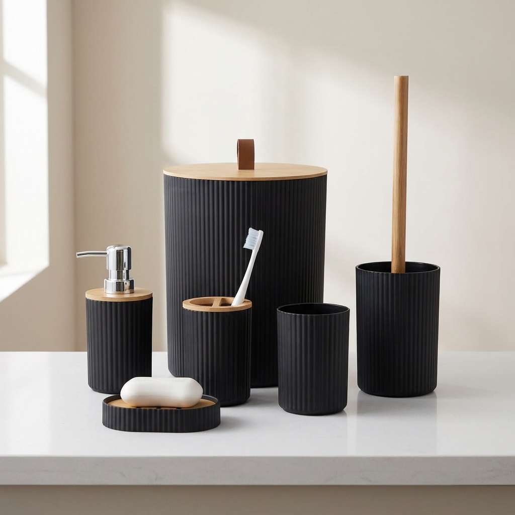 Black bathroom accessory set with wooden accents on a white surface.