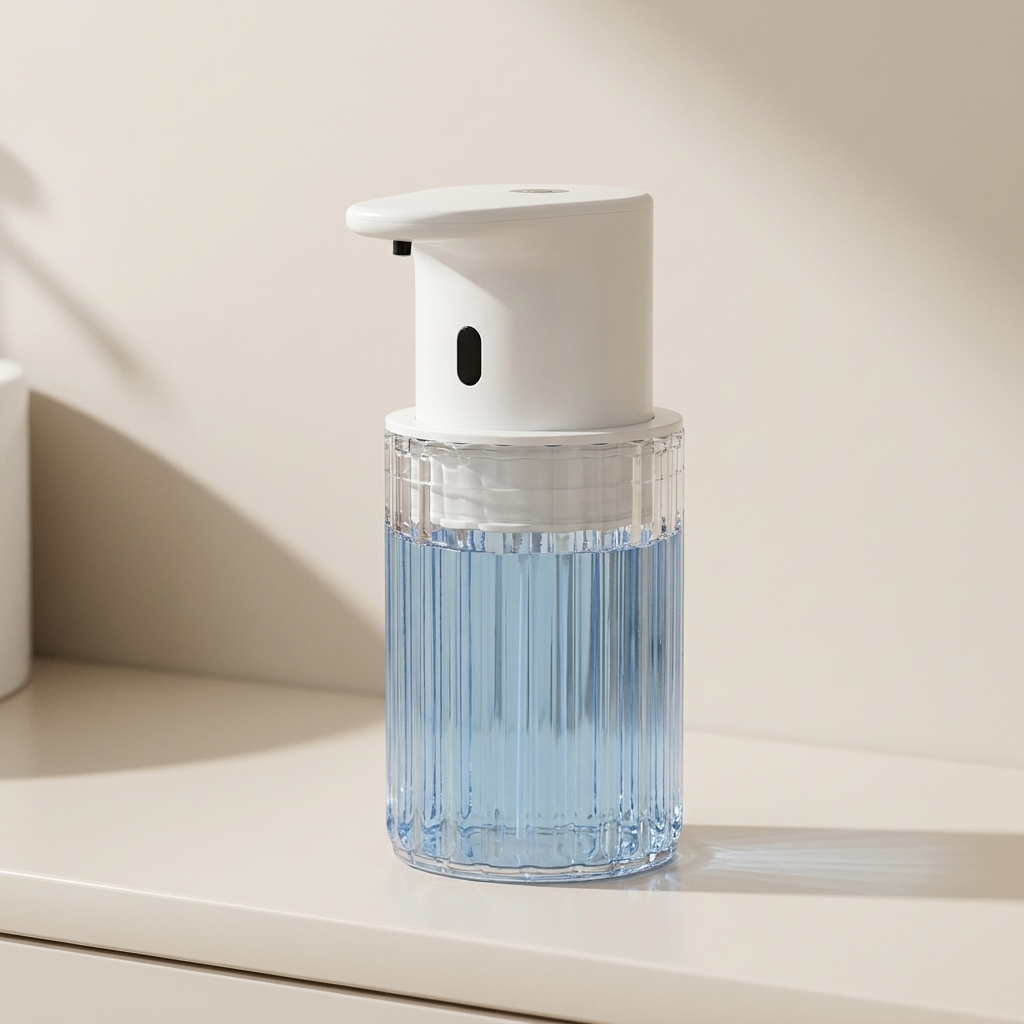 White and clear dispenser with blue liquid on a light beige surface