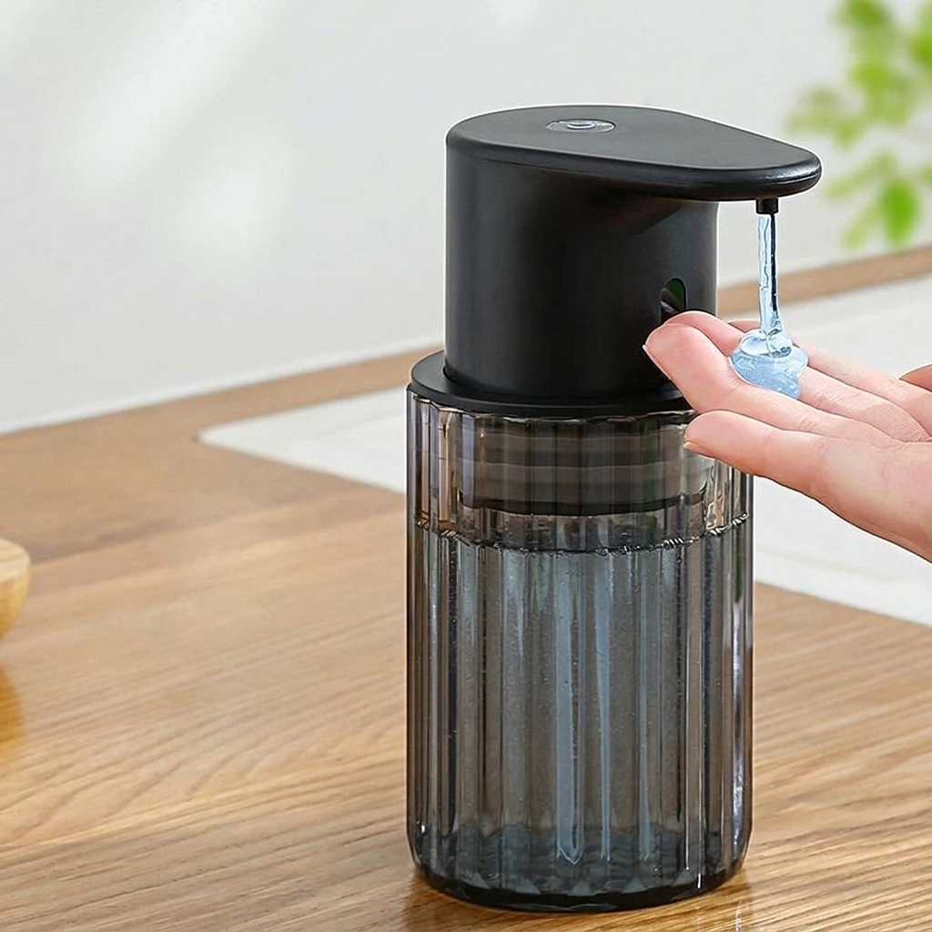 Black and transparent soap dispenser on a wooden surface with a hand reaching out to dispense soap.