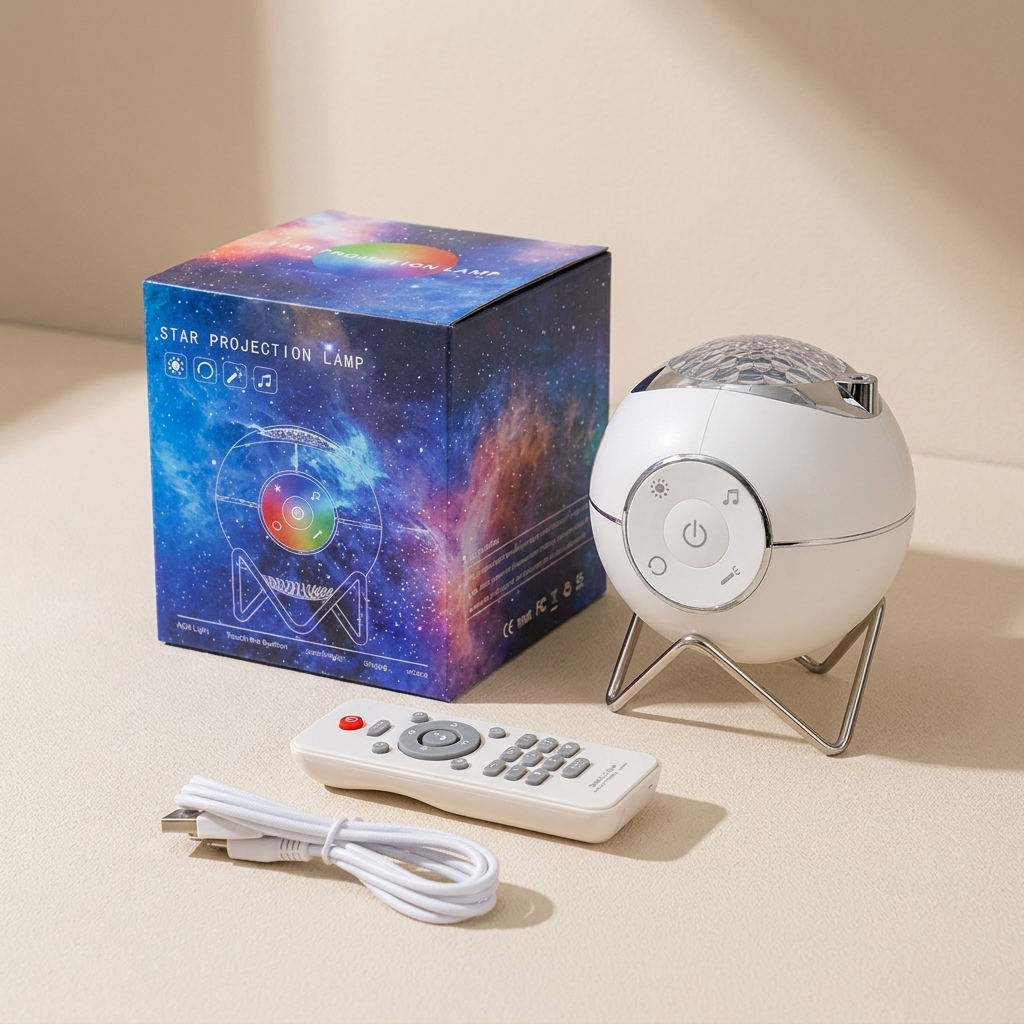Star projection lamp with packaging, remote control, and cable on a beige surface