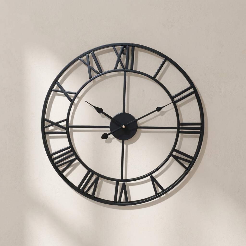 Large black wall clock with Roman numerals on a beige wall