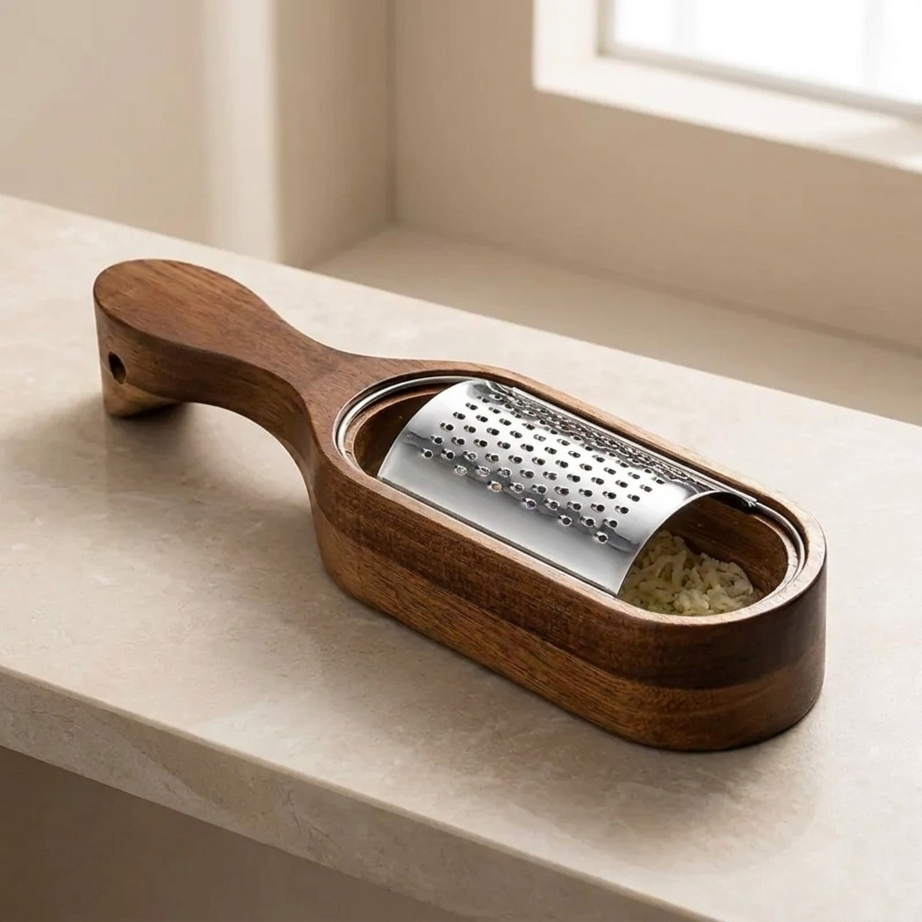 Wooden grater with metal surface on a light-colored surface