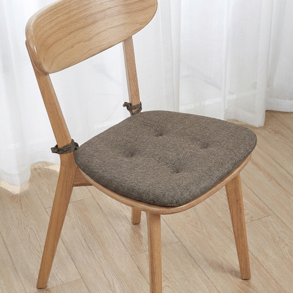 Wooden chair with a gray cushion on a wooden floor.