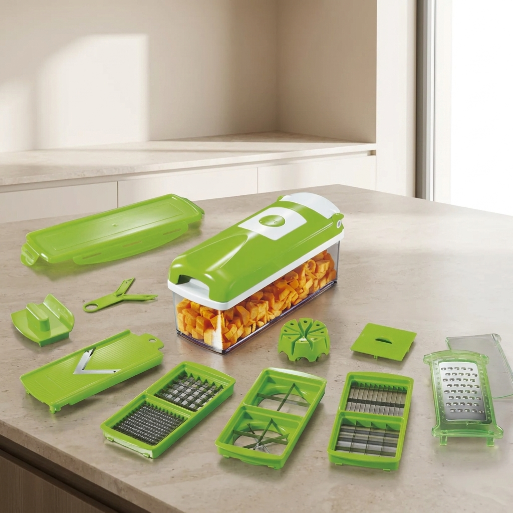 Green kitchen utensil set on a countertop with carrots inside one of the containers.
