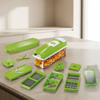 Green kitchen utensil set on a countertop with carrots inside one of the containers.