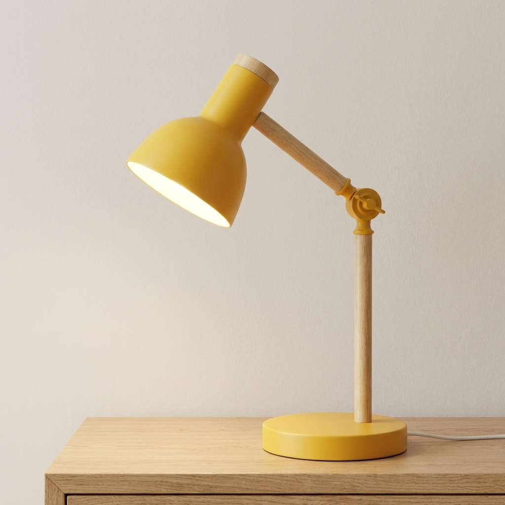 Yellow desk lamp on a wooden surface with a plain background