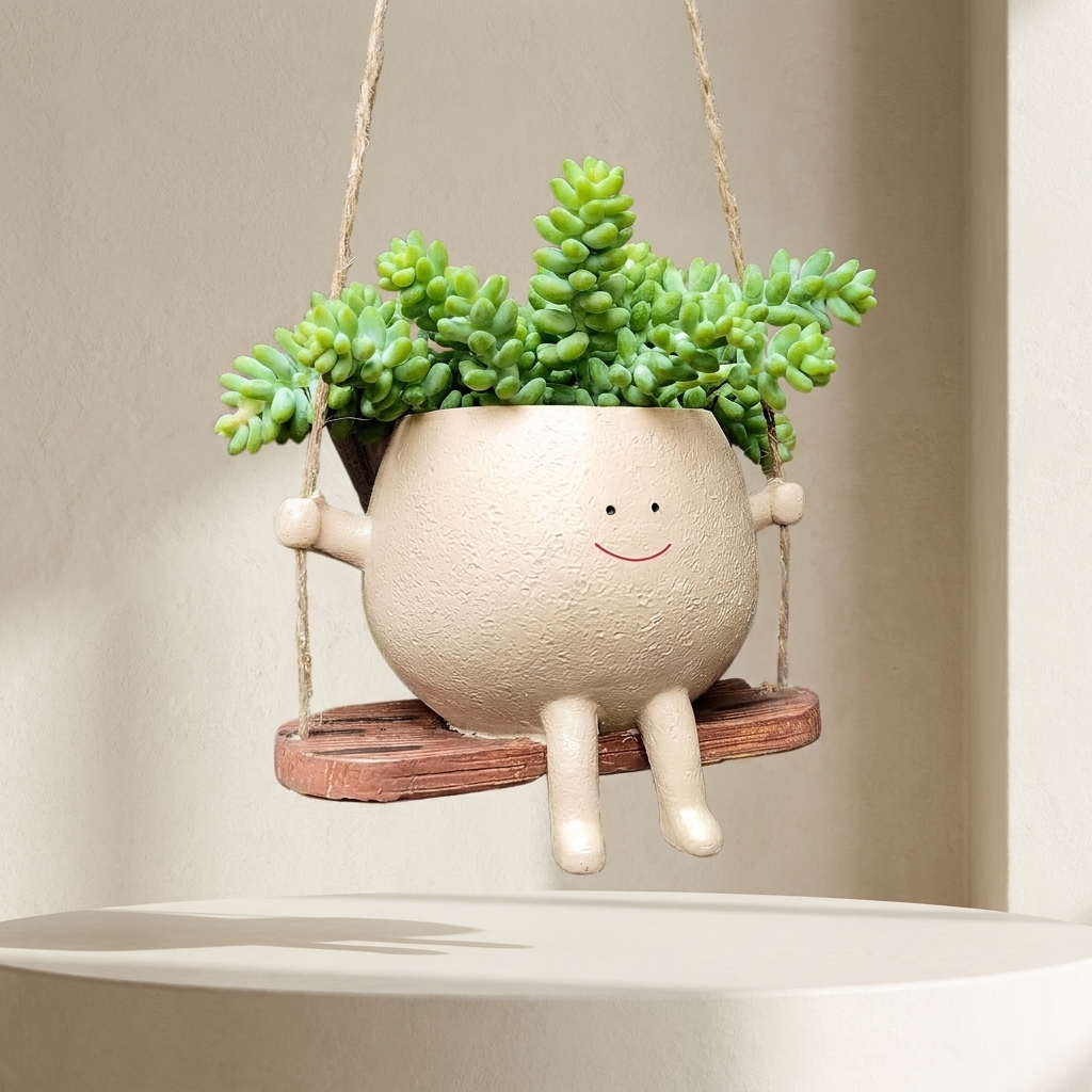 Ceramic planter with a face on a swing, containing green succulents, against a neutral background.