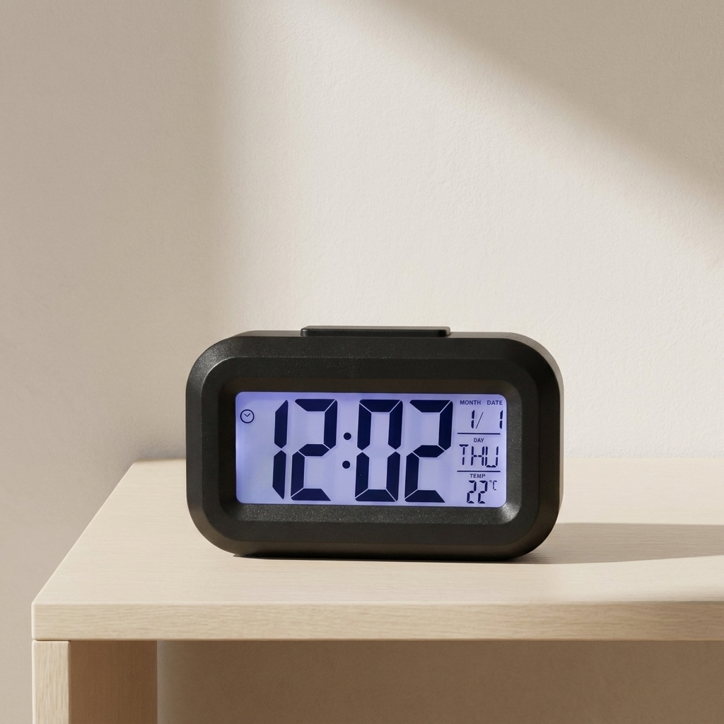 Digital clock on a wooden surface with a neutral background