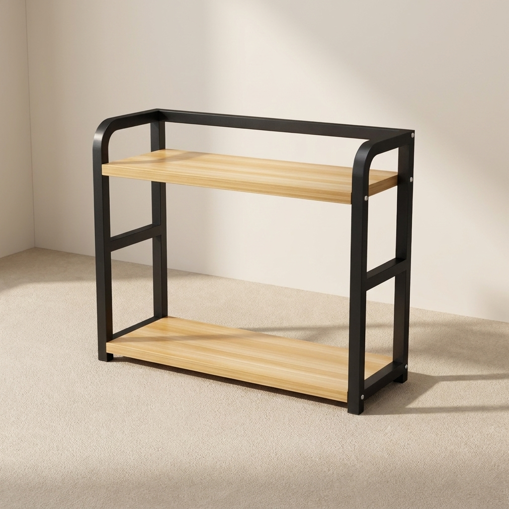 Two-tier shelf with black metal frame and wooden shelves on a neutral background