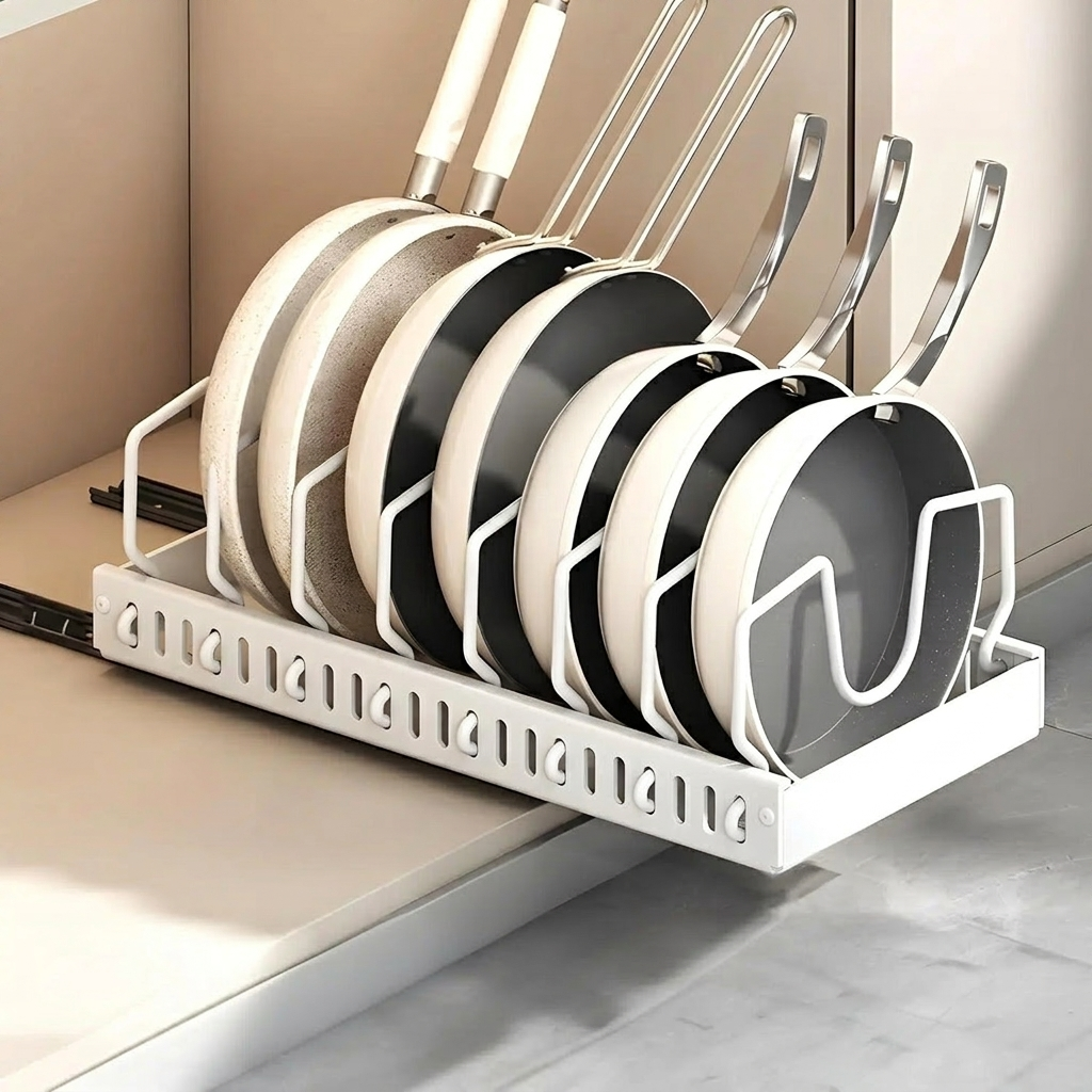 Set of frying pans in a white dish rack inside a kitchen.
