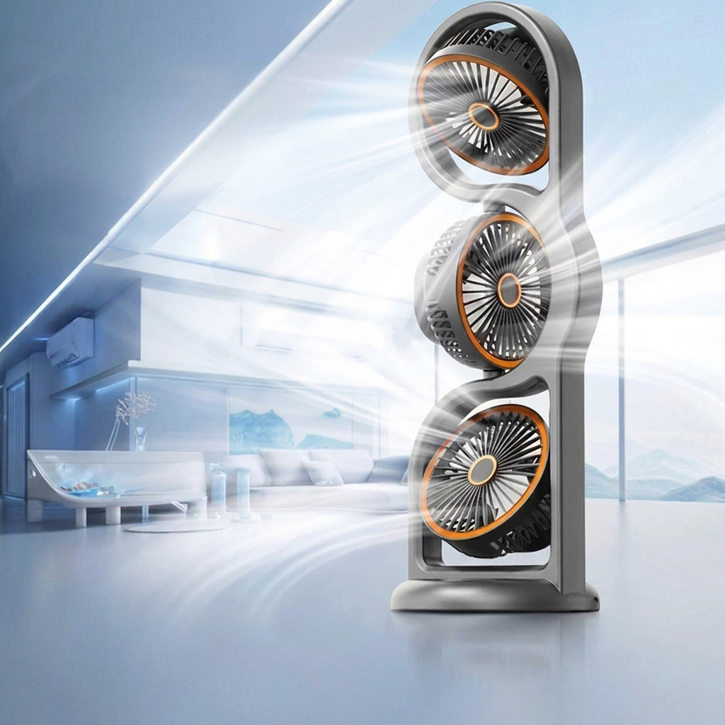 Modern fan with a futuristic design in a minimalistic room setting