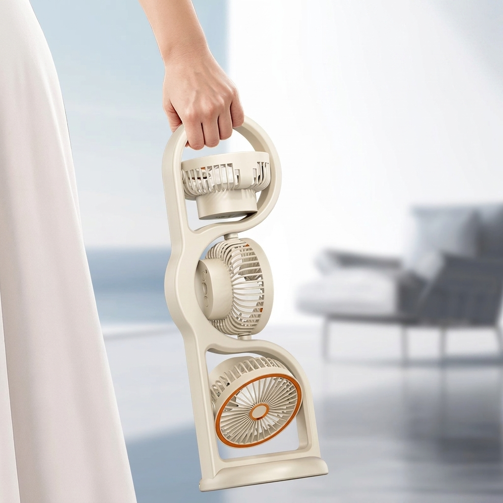 Hand holding a portable fan with a blurred indoor background