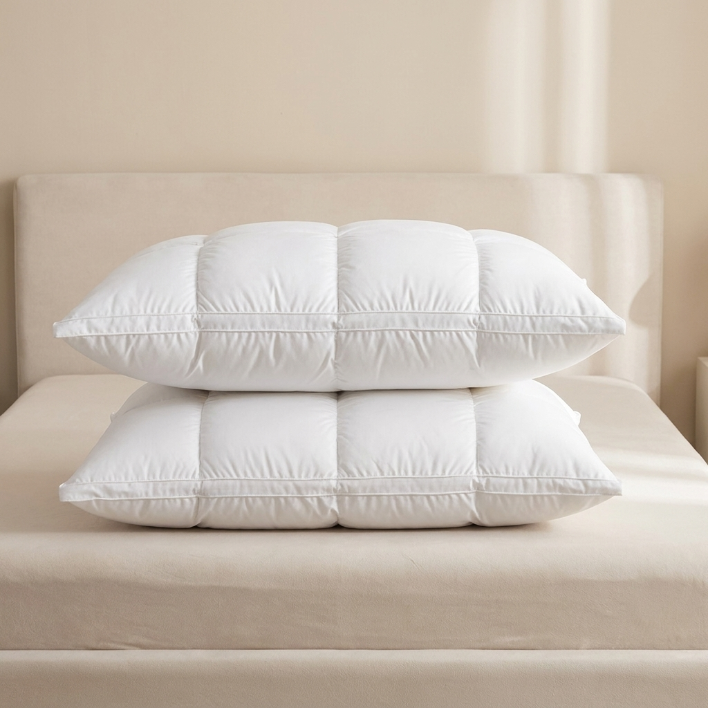 Stack of white pillows on a bed with a beige headboard.