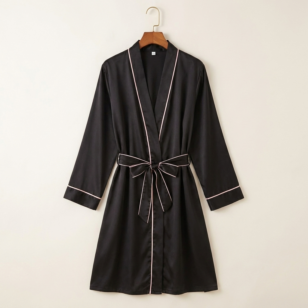Black robe with white piping on a wooden hanger against a beige background