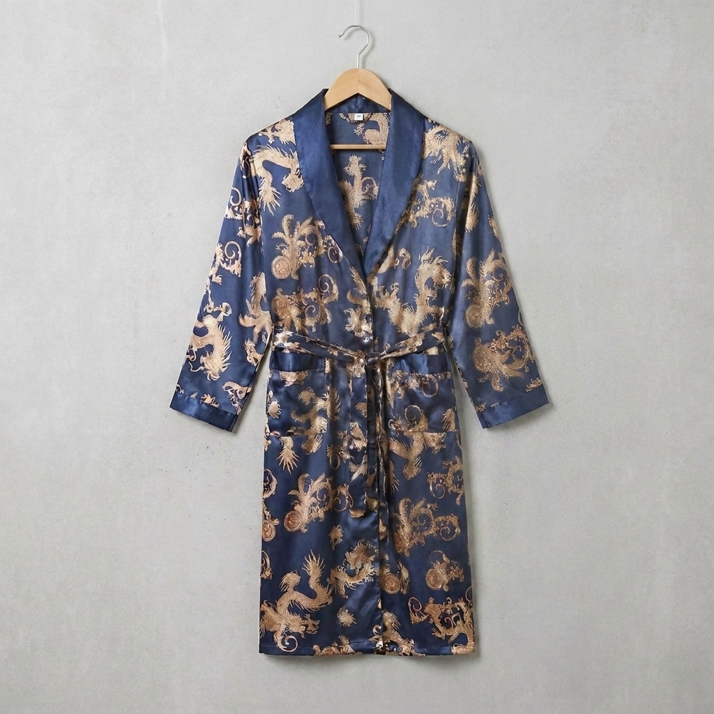 Blue satin robe with gold dragon pattern on a hanger against a gray background