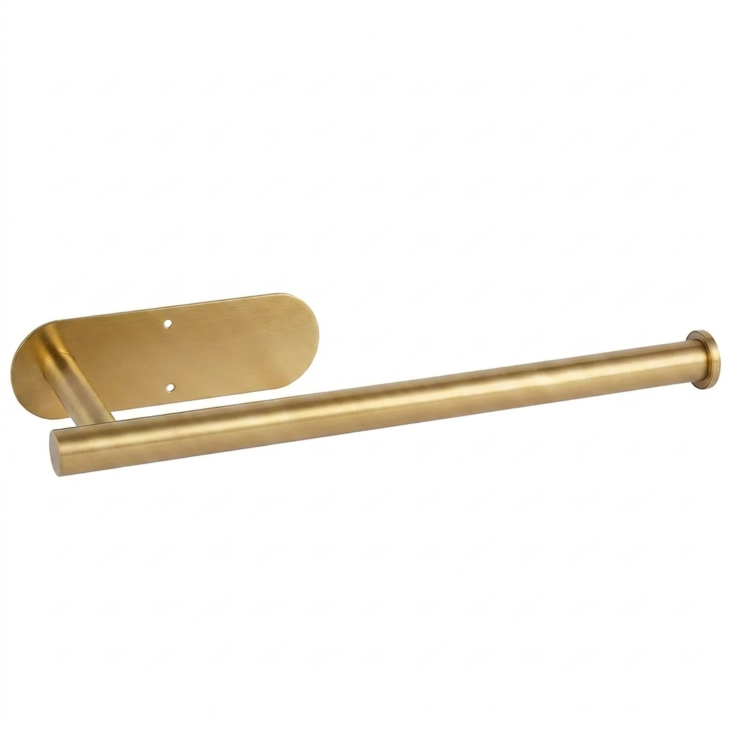 Stainless steel toilet paper holder on a white background