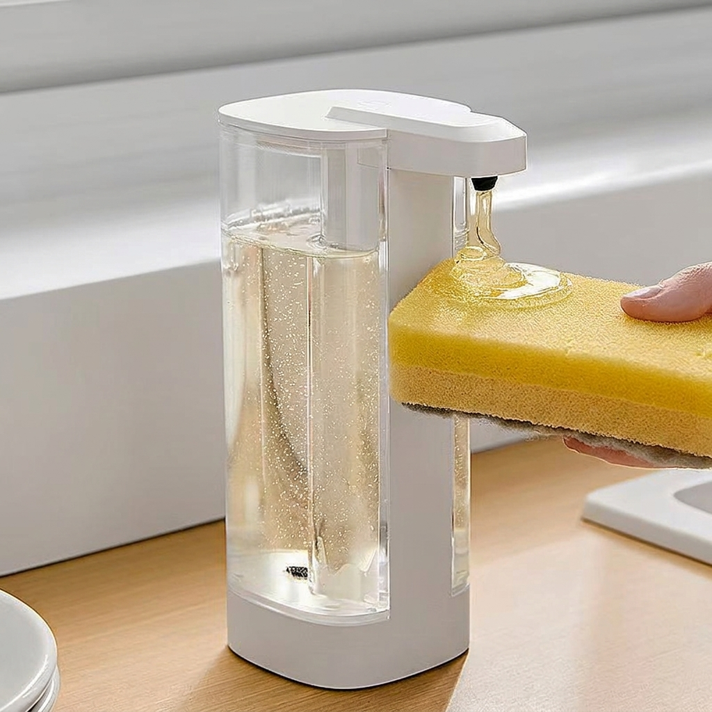 Foam soap dispenser with a sponge on a kitchen counter