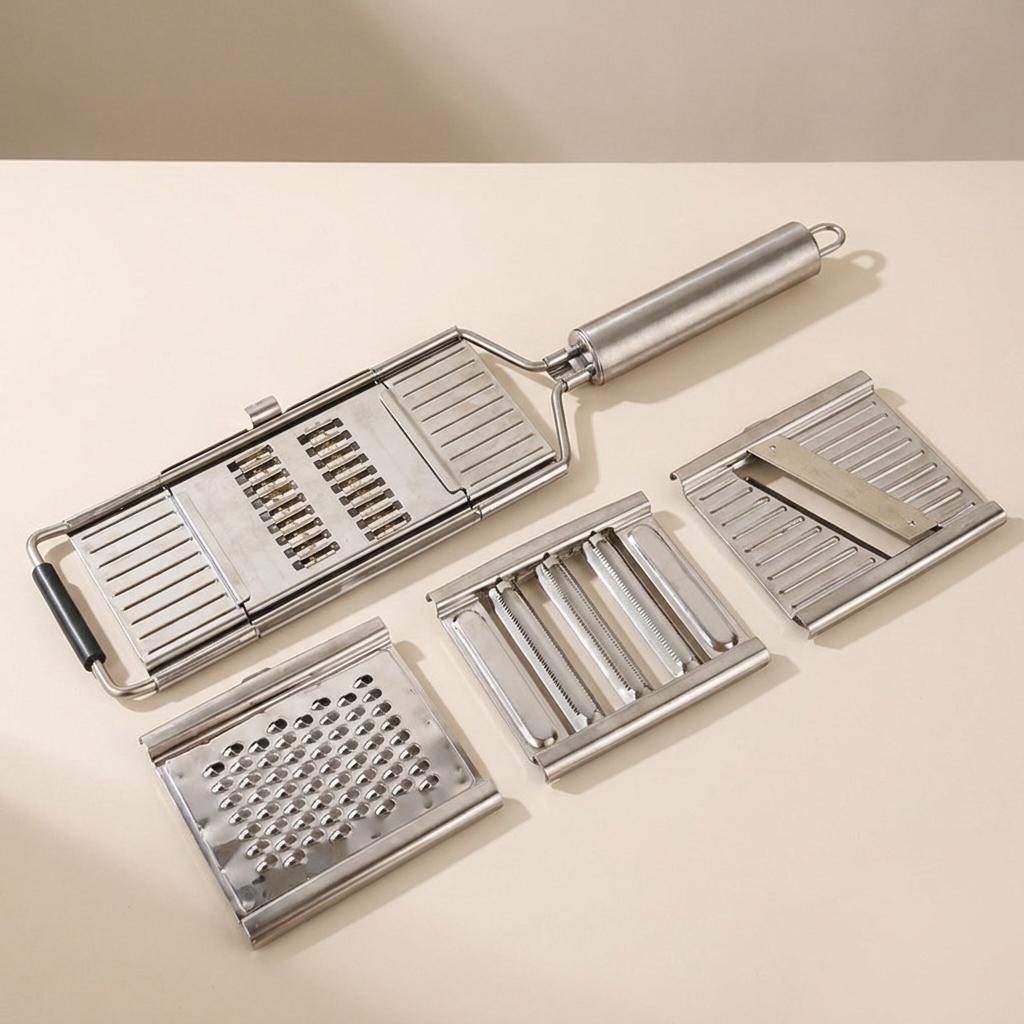 Multi-functional metal slicer with interchangeable blades on a beige background