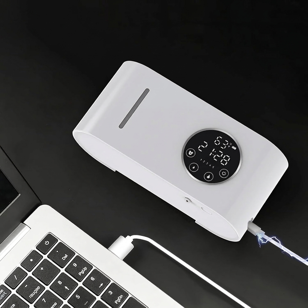 White electronic device with digital display connected to a laptop on a dark surface