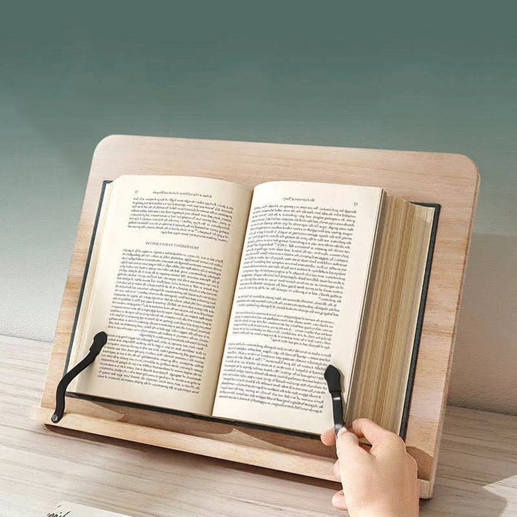 Wooden book stand holding an open book on a wooden surface with a hand holding a pen.