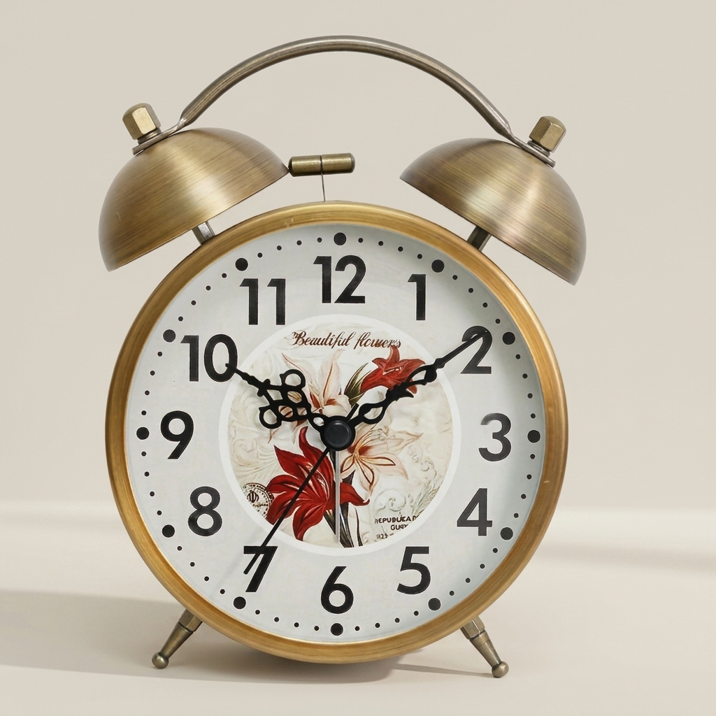 Decorative alarm clock with floral design on a beige background