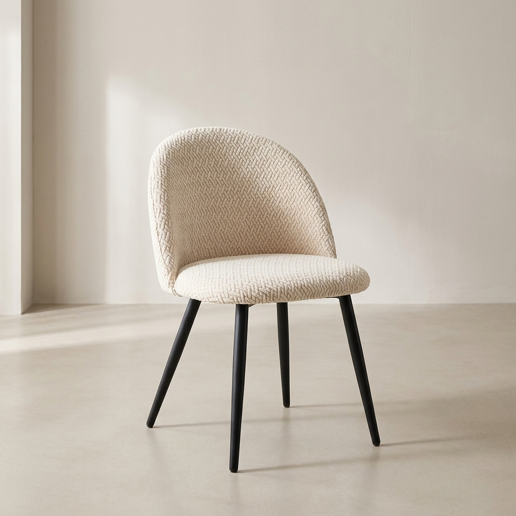 Beige chair with black legs in a minimalistic setting