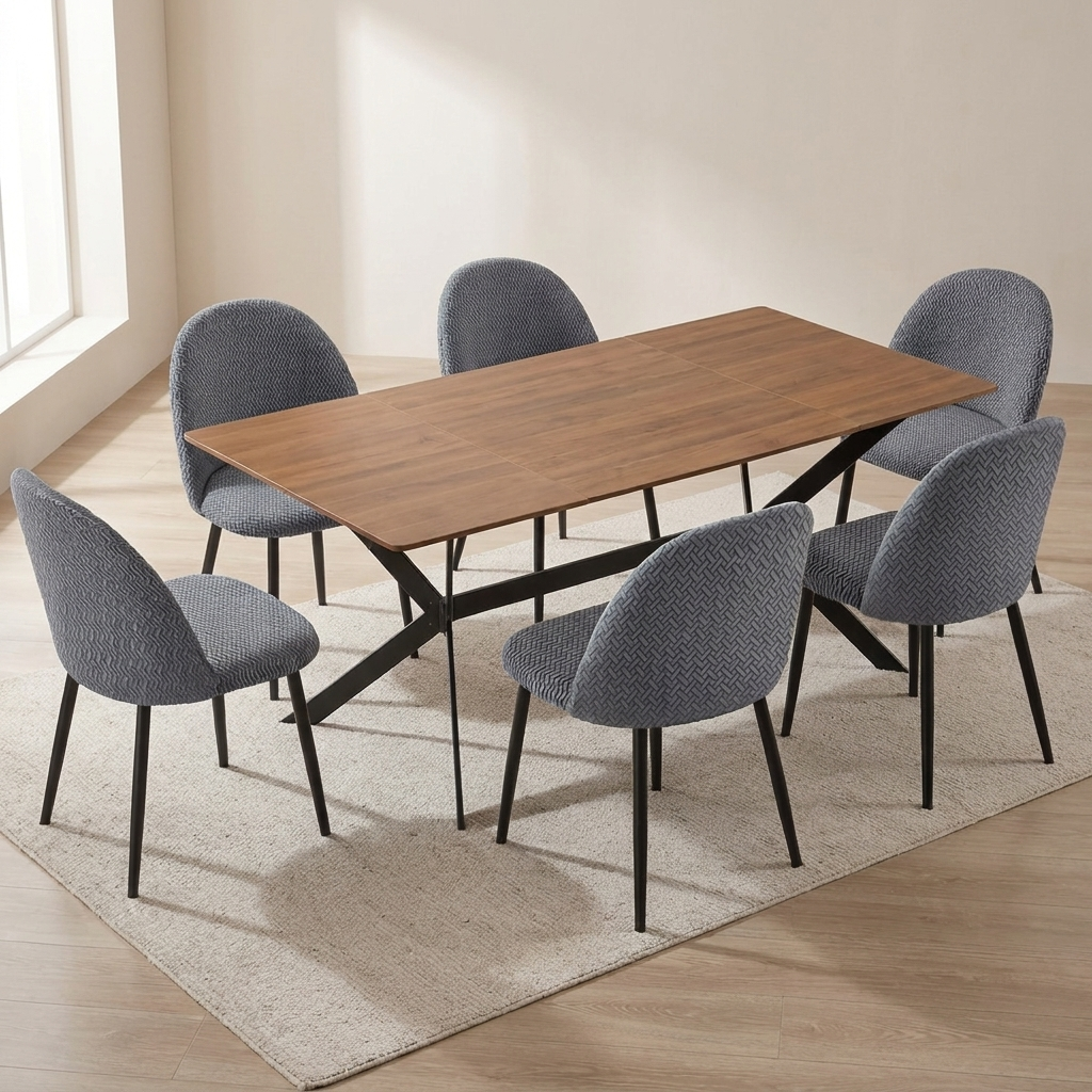 Dining table set with six gray chairs in a room with a light-colored floor and wall.