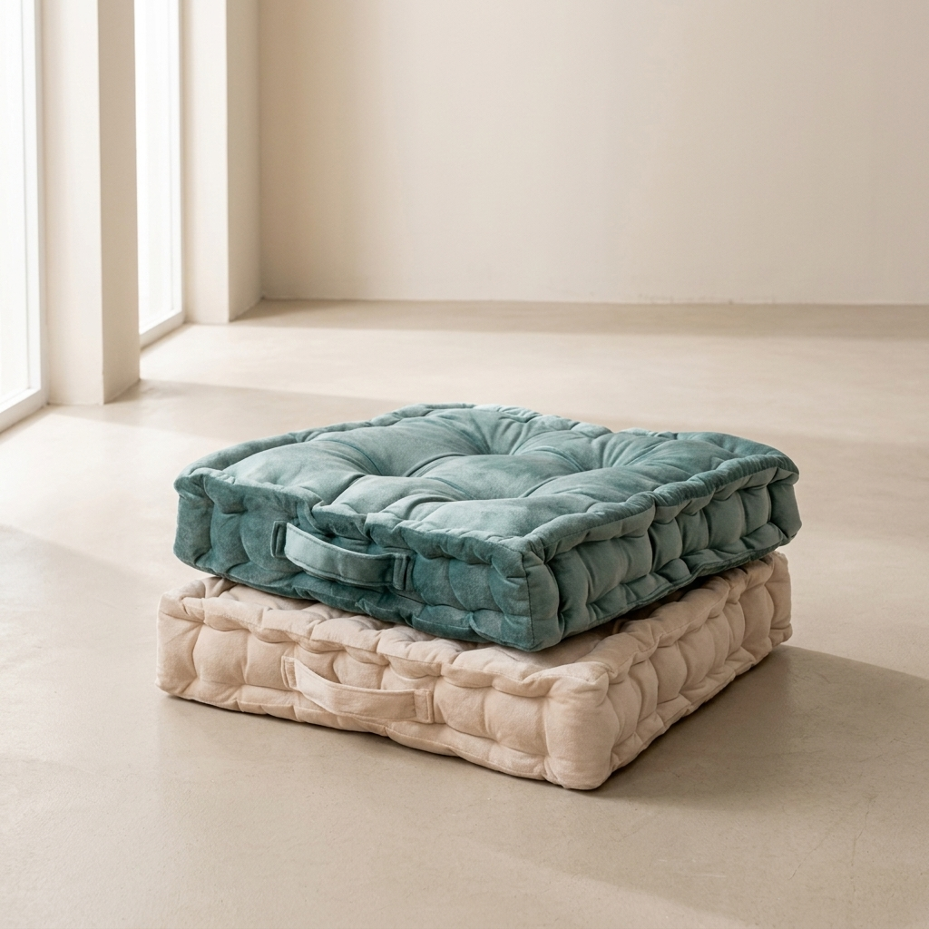 Two quilted seat cushions, one green and one beige, stacked on a light wooden floor.