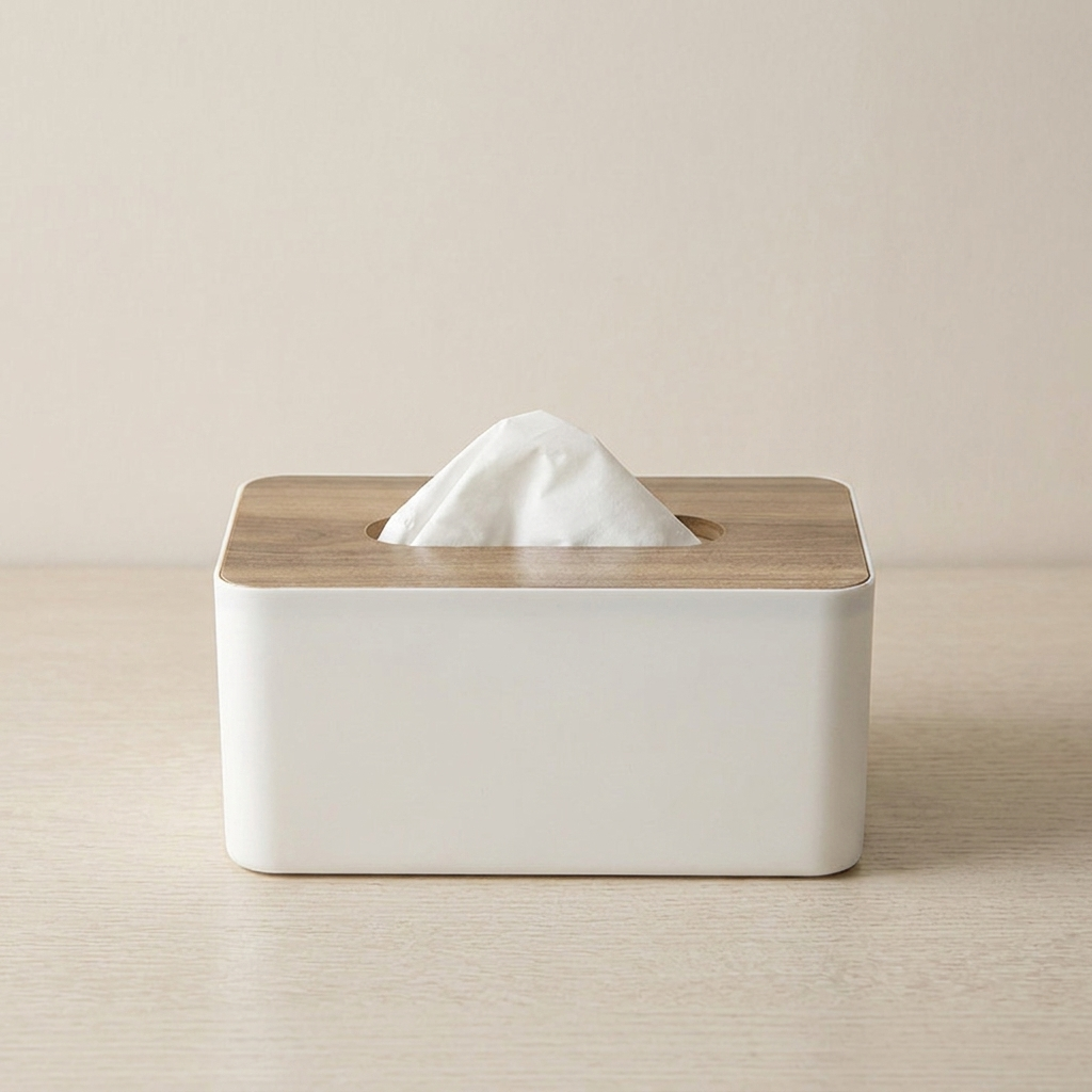 White tissue box with wooden top on a beige surface