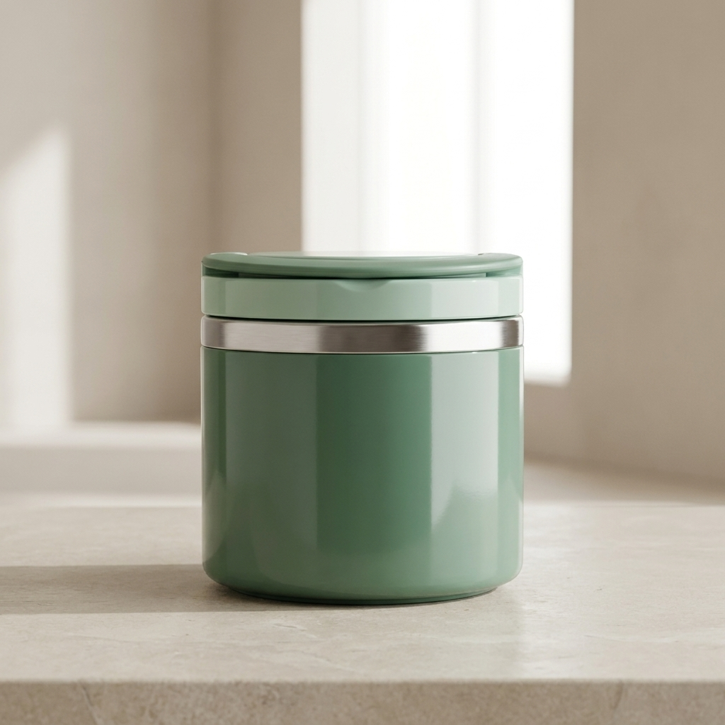 Green cylindrical container with silver lid on a light surface