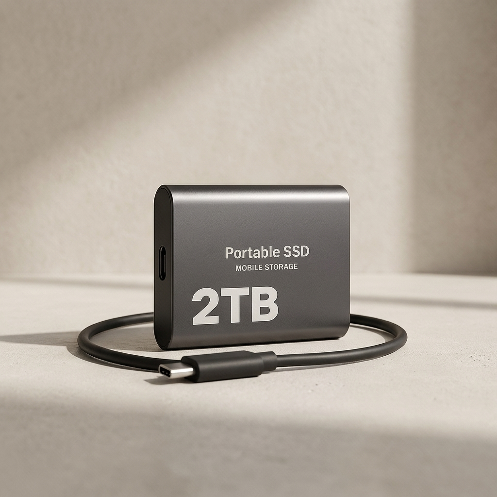 Portable SSD with 2TB capacity on a beige background