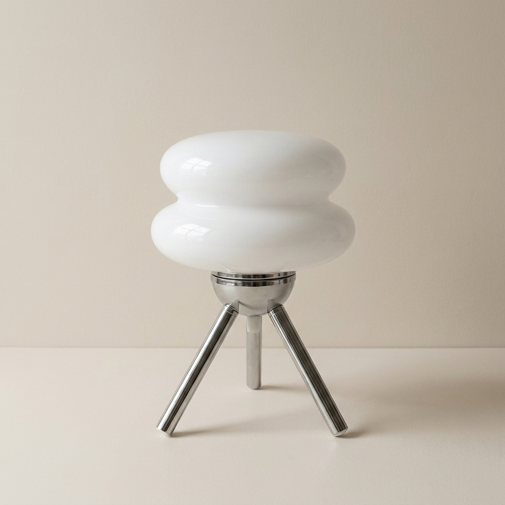 White glass stool with a chrome base on a beige background