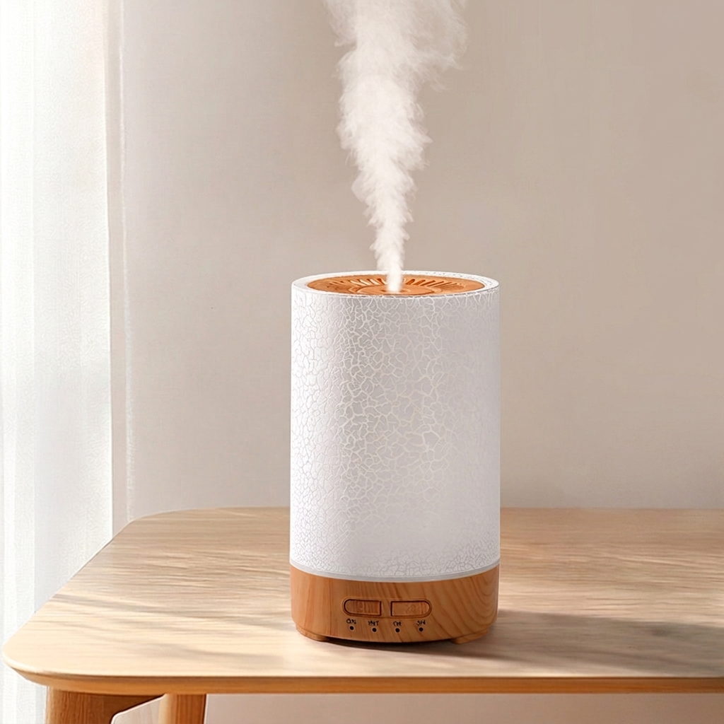 White and wooden diffuser emitting steam on a wooden surface with a neutral background
