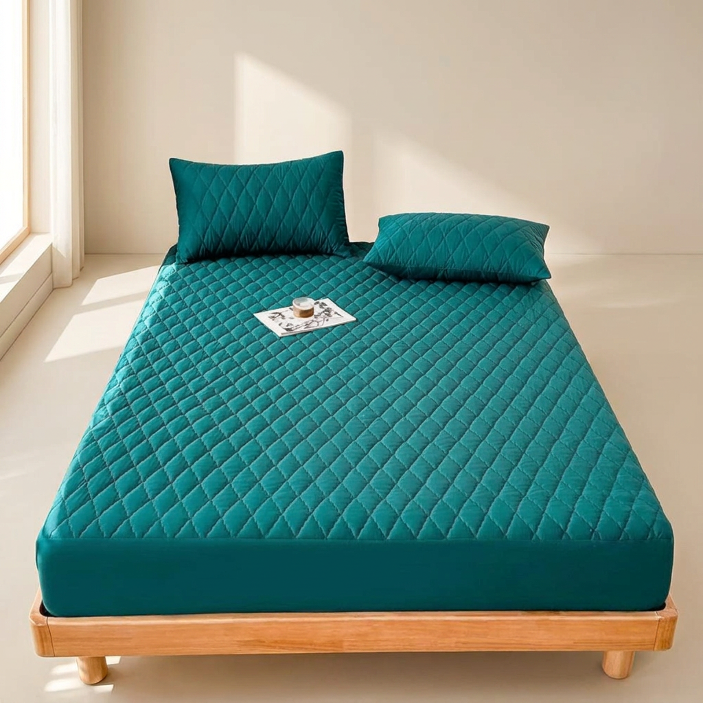 Teal mattress cover with pillows on a wooden bed in a bright room.