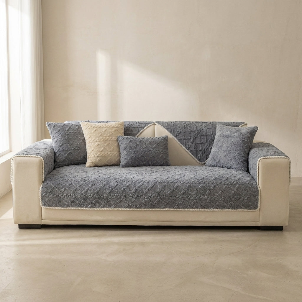 Gray sofa with decorative pillows in a minimalistic room.
