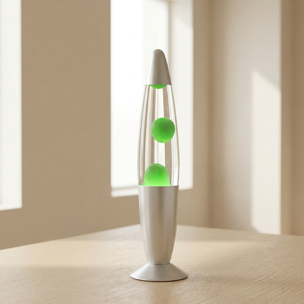 Lava lamp with green liquid on a wooden surface