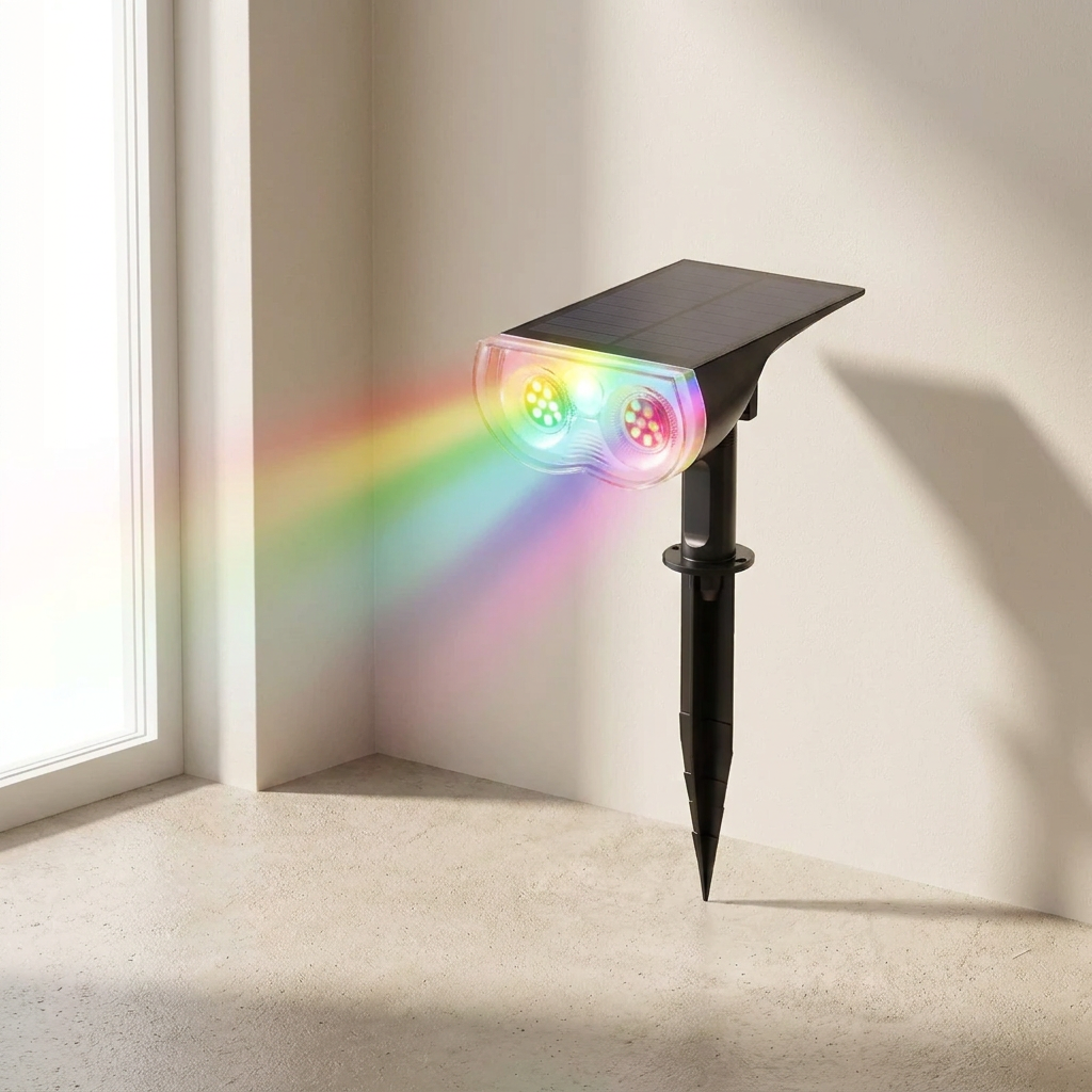 Solar-powered LED light projector on a wall casting a rainbow pattern