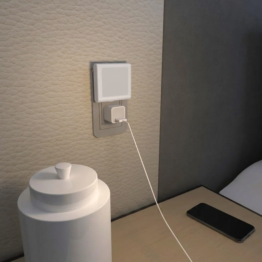 White wall-mounted device with a cable plugged into a wall socket on a textured wall.