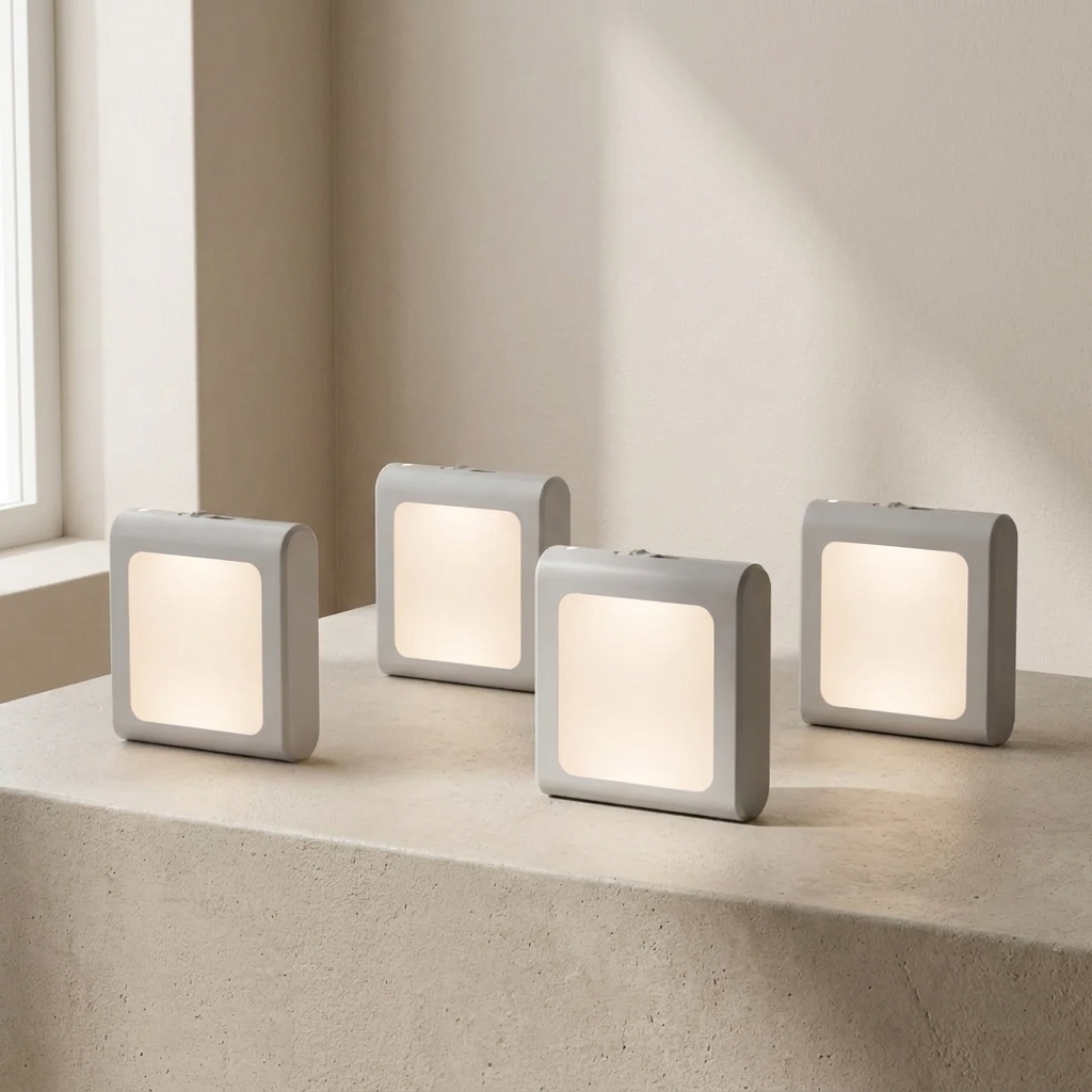 Four square table lamps with a soft glow on a light surface.