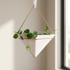 Triangular white hanging planter with gold accents and green plants against a neutral wall.