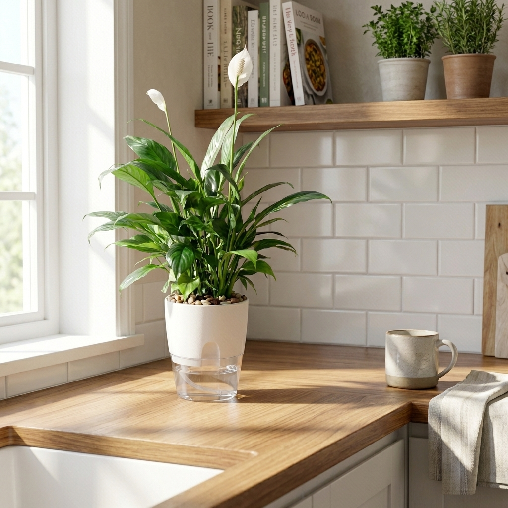Potted plant on a kitchen counter with a window and books in the background