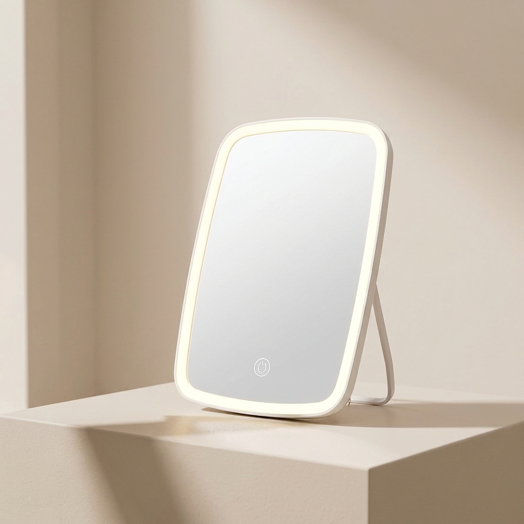 Modern makeup mirror with LED lighting on a neutral background