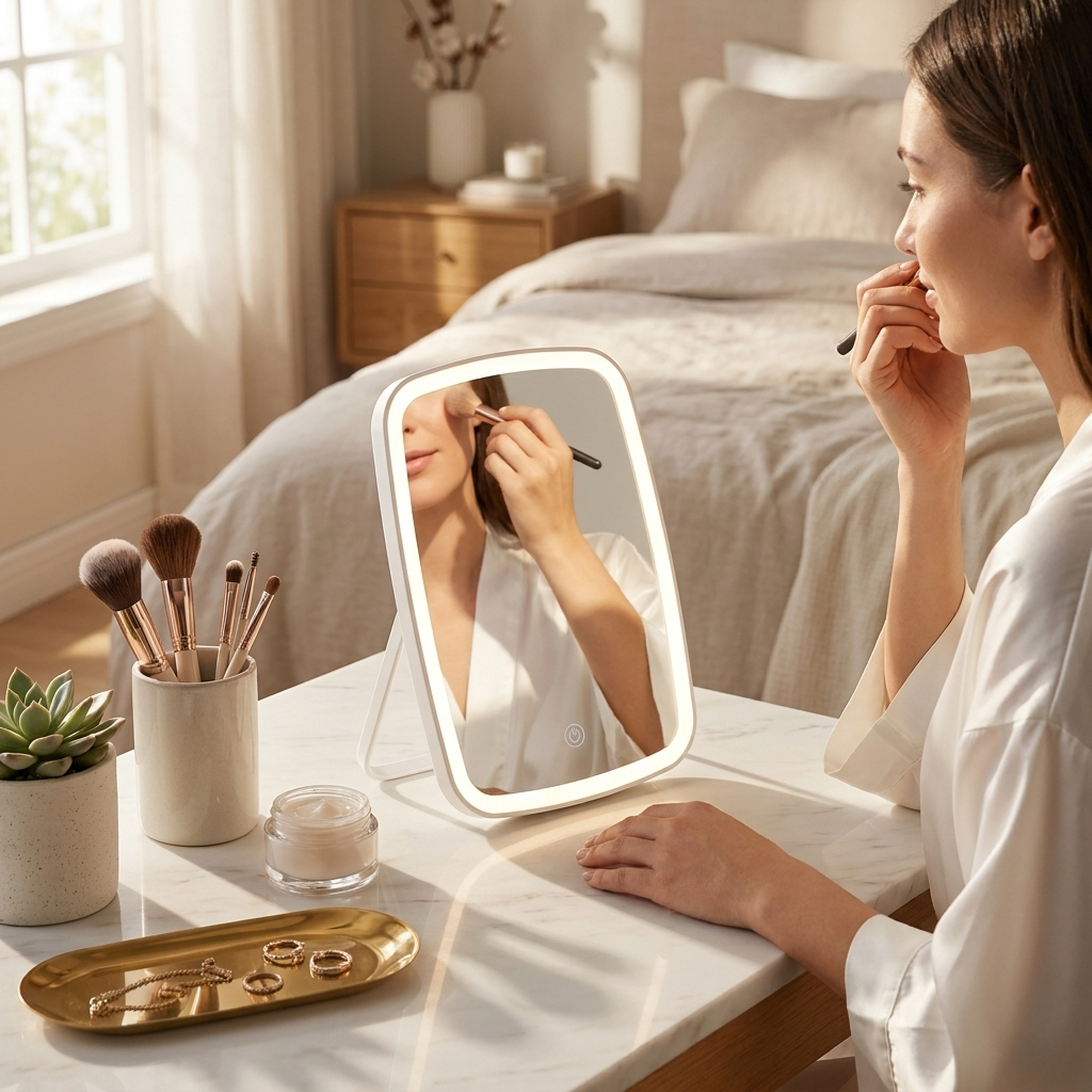 Woman applying makeup in front of a mirror with lighted edges, in a bedroom setting.