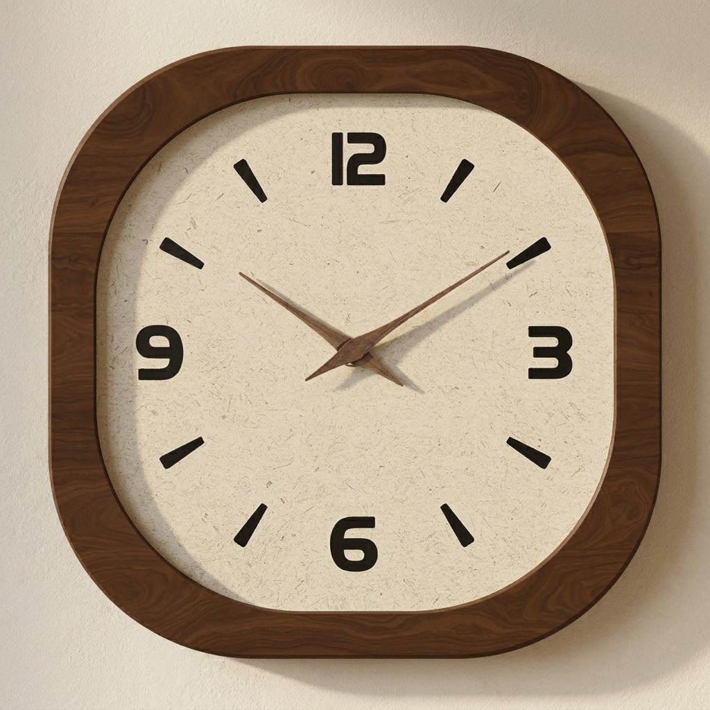 Wall clock with wooden frame and beige face on a light background